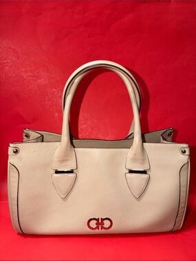 Salvatore Ferregamo Cream Leather Tote Bag with Double Handles